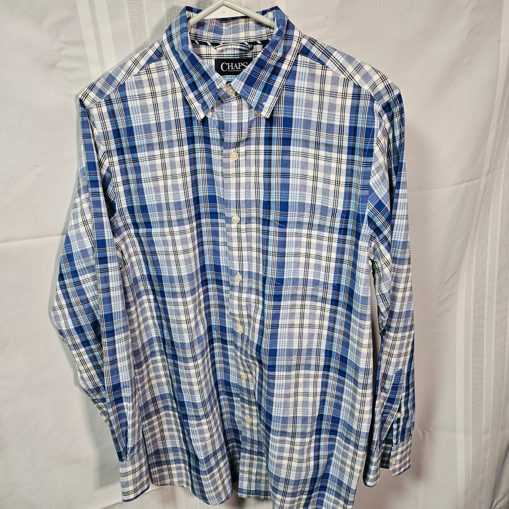 Chaps Button Down Shirt Mens S Blue Pale Indigo Plaid Long Sleeve Cotton Pocket